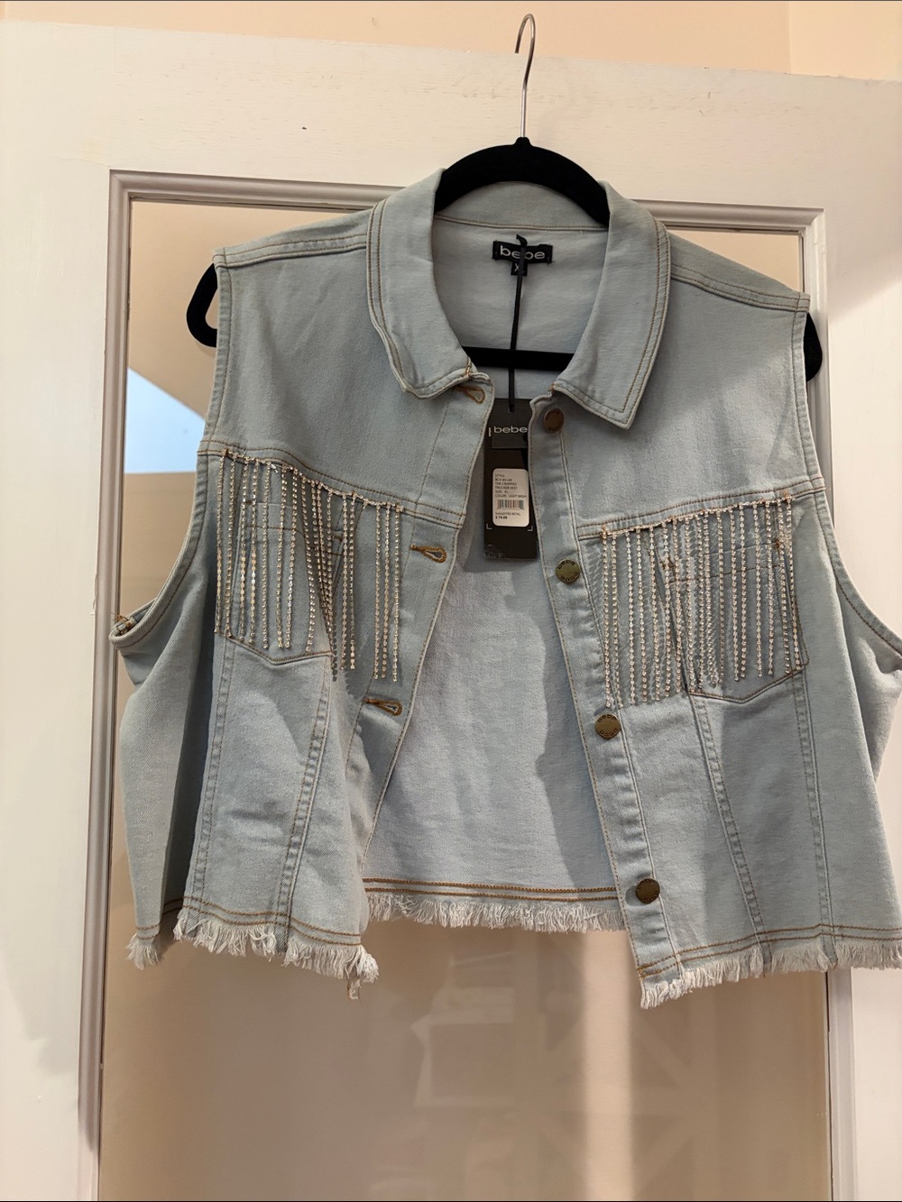 bebe Light Blue Denim Fringe Vest with Beaded Trim